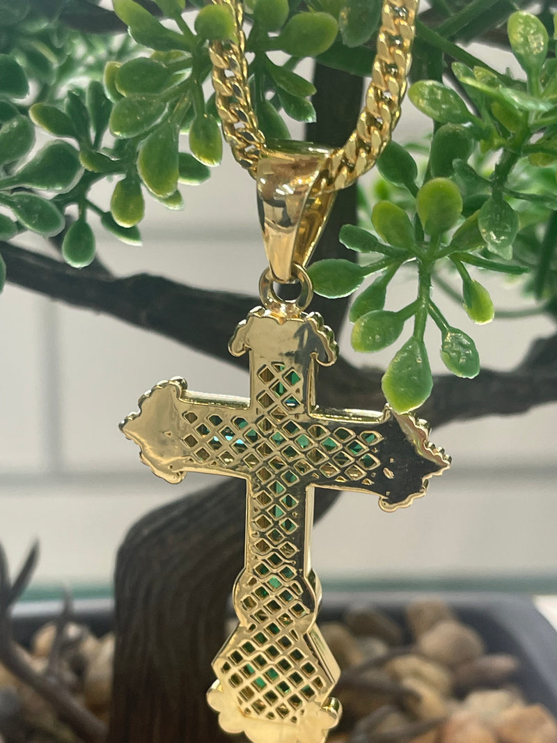 14K REAL SOLID GOLD EMERALD CROSS PENDANT