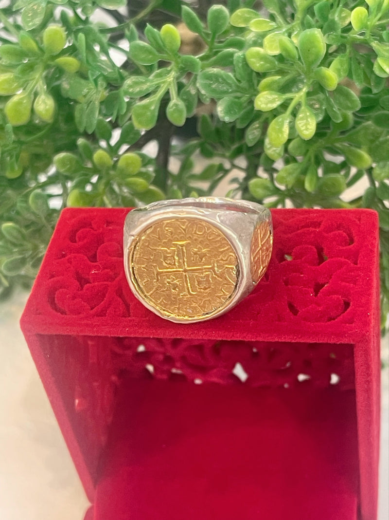 NUESTRA SENORA DE ATOCHA SILVER SOLID HEAVY COIN RING IN 14k GOLD PLATED COINS