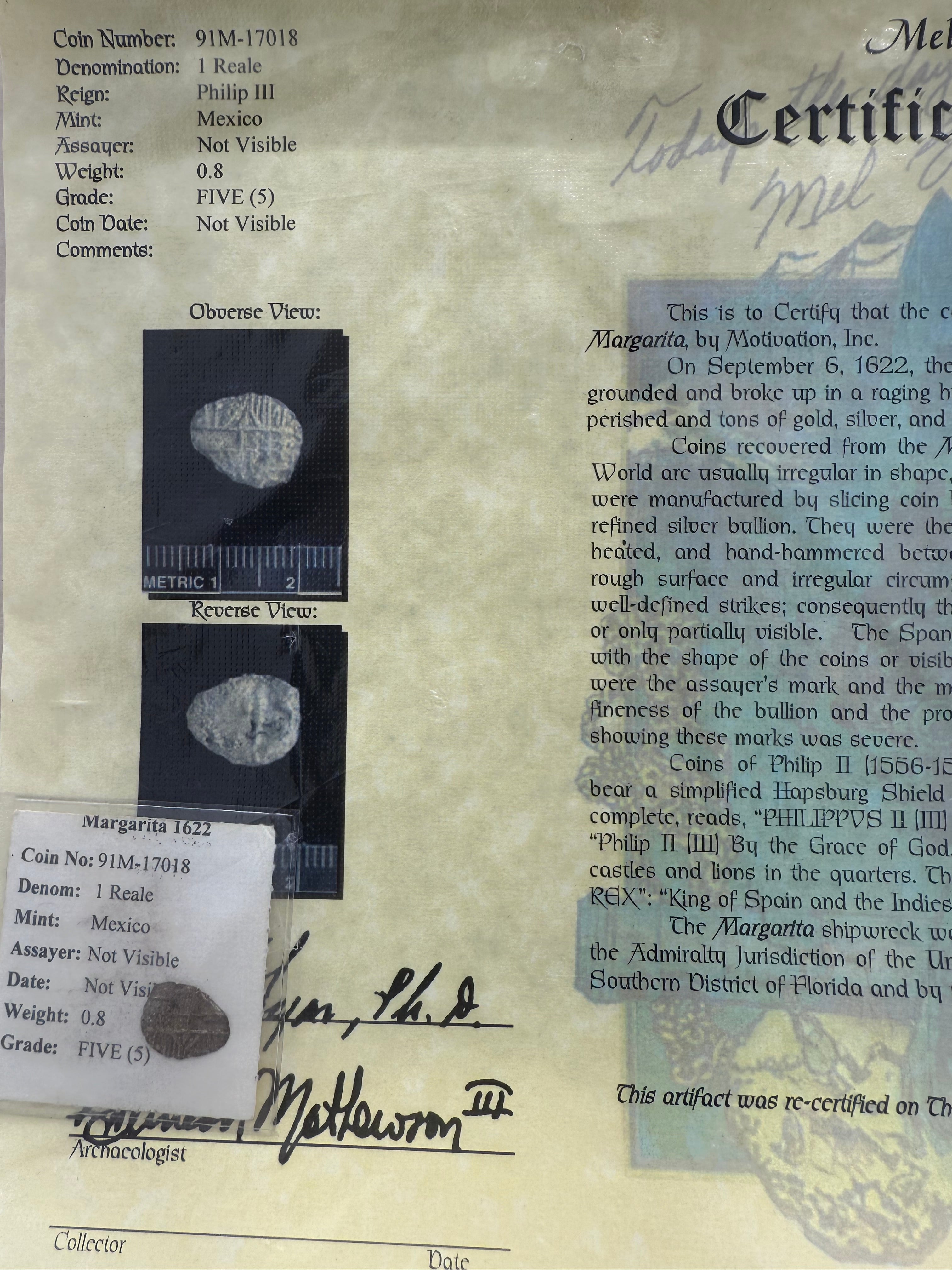 ACTUAL SANTA MARGARITA SILVER COIN 1 REALE GRADE 5 SHIPWRECK COIN NO 91M-17018