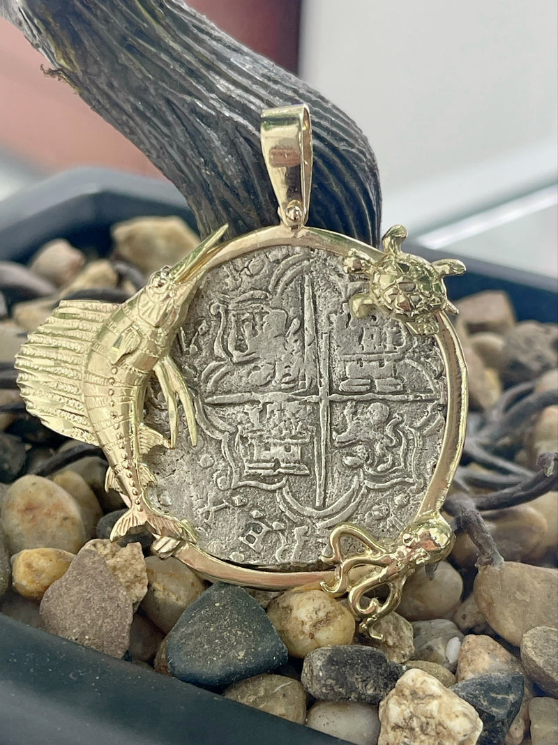 NUESTRA SENORA DE ATOCHA SILVER COIN PENDANT IN 14K REAL SOLID GOLD FISH 🐟 OCTOPUS 🐙 AND TURTLE 🐢 BEZEL