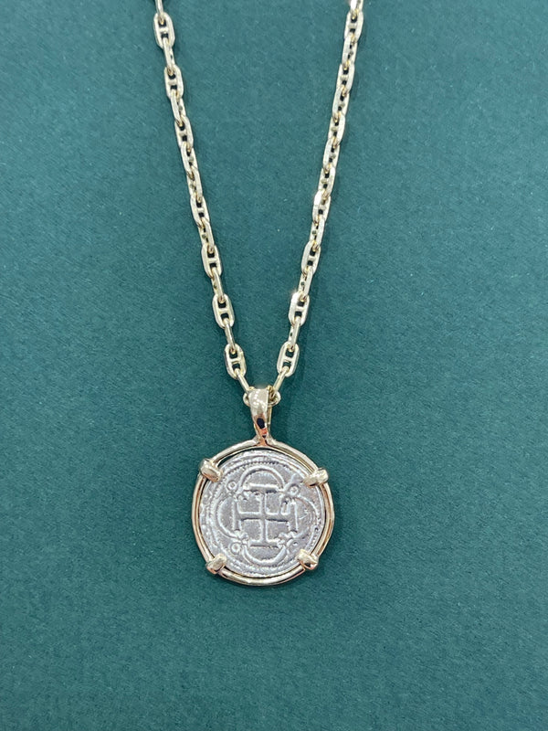 NUESTRA SENORA DE ATOCHA  SILVER DIME SIZE COIN PENDANT MADE FROM ATOCHA SILVER IN 14KT SOLID GOLD BEZEL