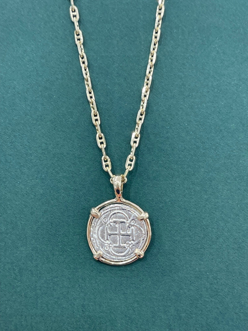 NUESTRA SENORA DE ATOCHA  SILVER DIME SIZE COIN PENDANT MADE FROM ATOCHA SILVER IN 14KT SOLID GOLD BEZEL