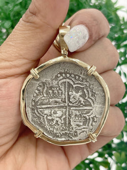 NUESTRA SENORA DE ATOCHA SILVER COIN PENDANT IN 14K REAL SOLID GOLD BEZEL 8 REALE SIZE HANDMADE FROM ATOCHA SILVER