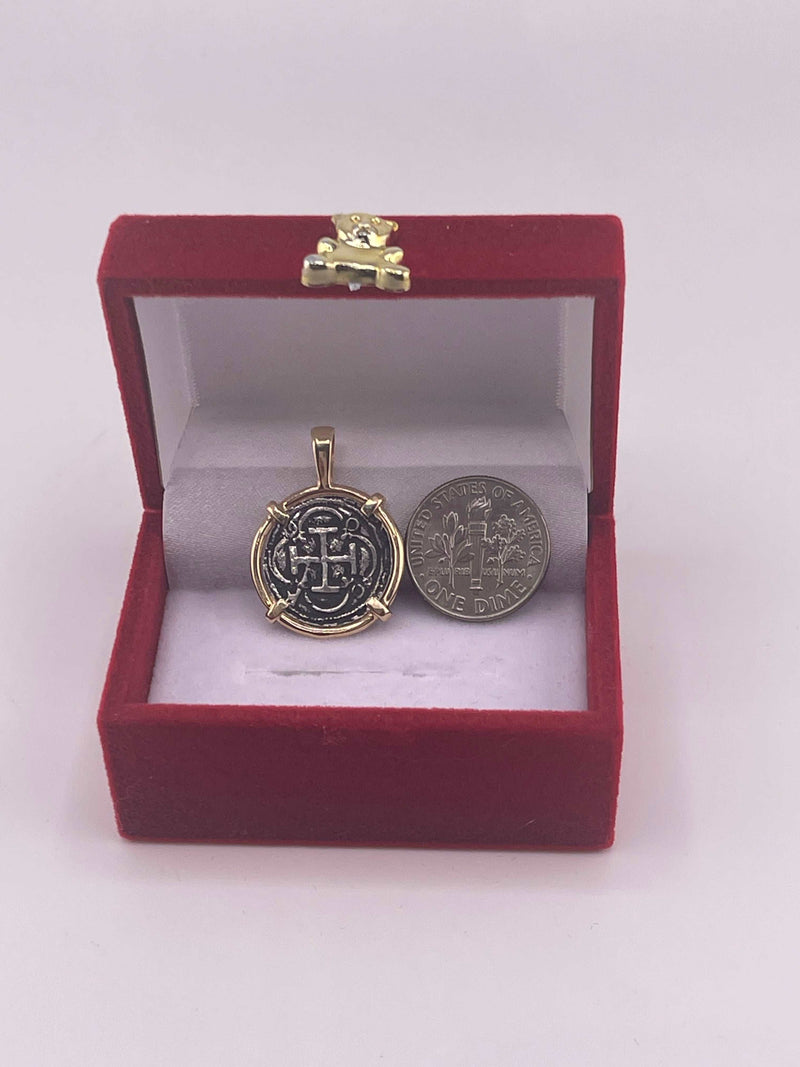 NUESTRA SENORA DE ATOCHA  SILVER COIN PENDANT IN 14KT GOLD BEZEL