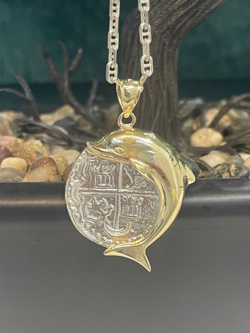 NUESTRA SENORA DE ATOCHA  SILVER COIN PENDANT IN 10KT GOLD FISH BEZEL