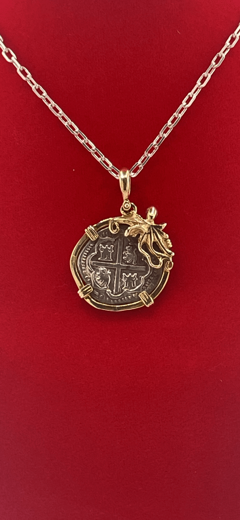 NUESTRA SENORA DE ATOCHA SILVER COIN PENDANT IN 14KT SOLID GOLD OCTOPUS BEZEL