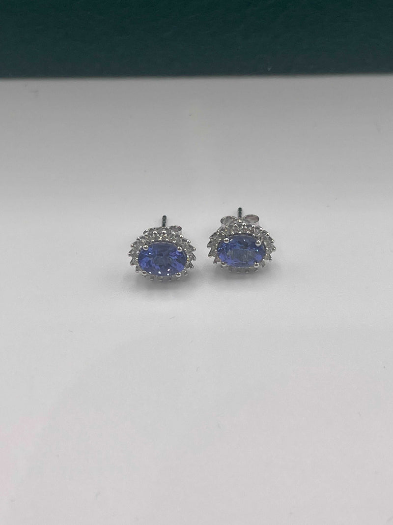 GENUINE AFRICAN TANZANITE STUD EARRINGS IN REAL DAIMONDS SET IN 14K WHITE GOLD 8MM