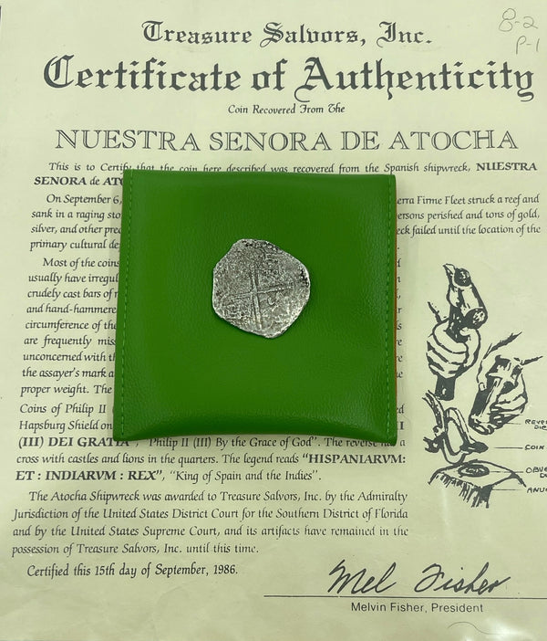 ACTUAL COIN NUESTRA SENORA DE ATOCHA SILVER COIN 8 REALE GRADE 2 COIN R ASSAYER COIN NO : 85A-215760