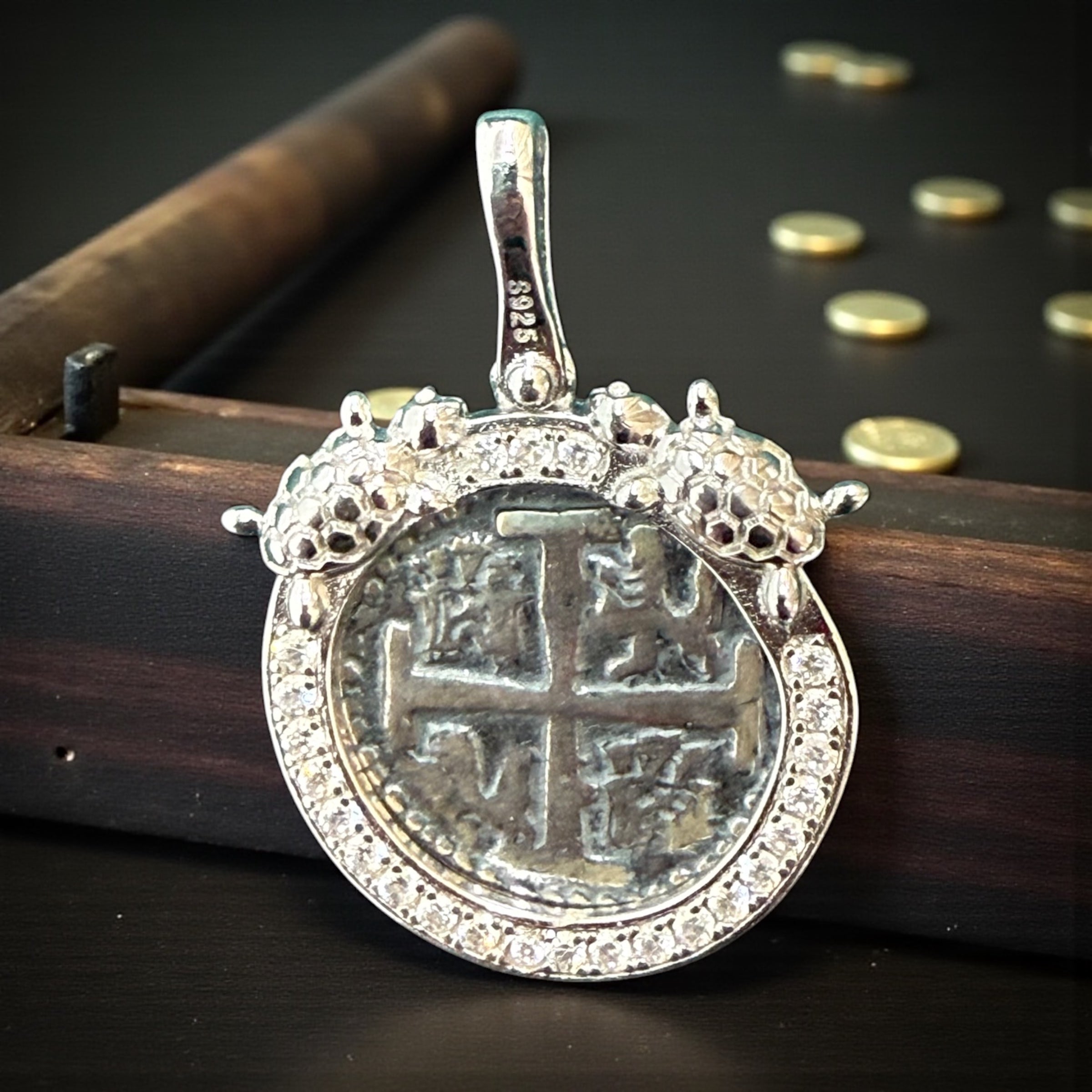 Gorgeous Atocha Shipwreck coin pendant in sparkling crystals and twin turtles