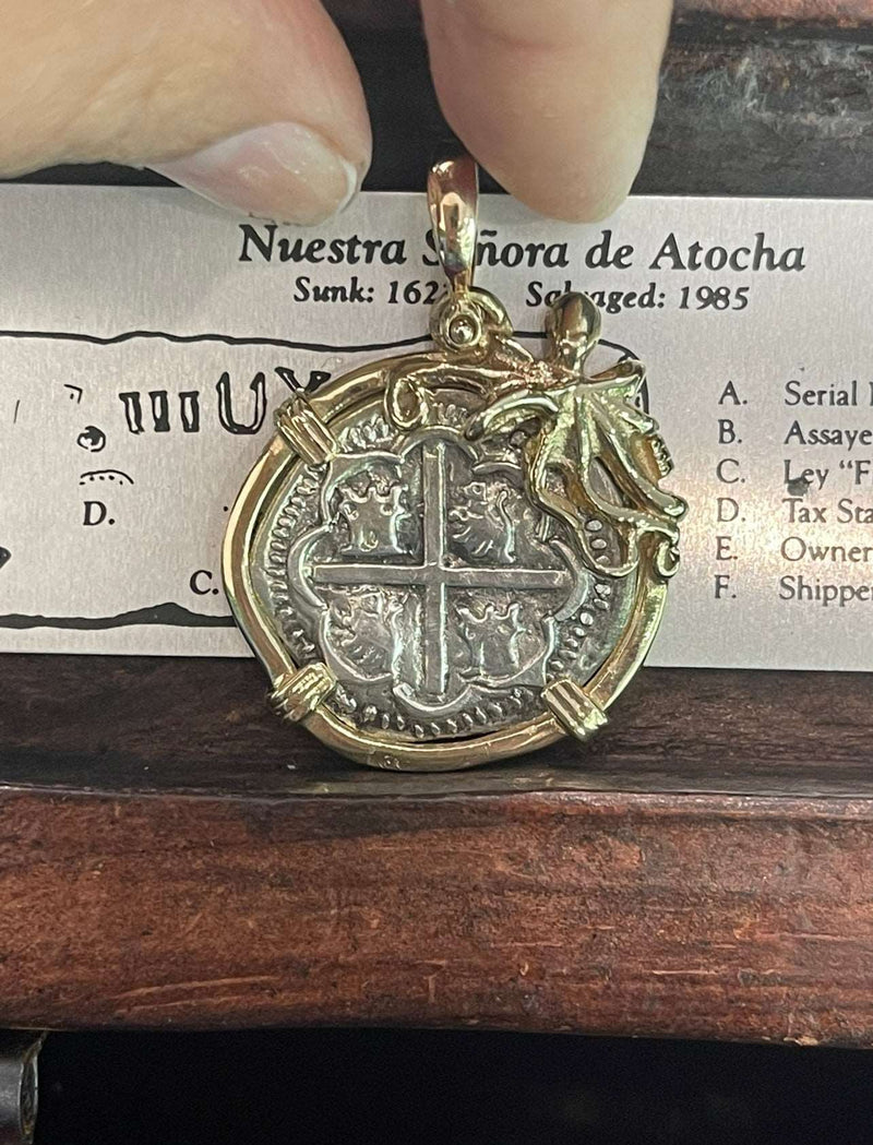 NUESTRA SENORA DE ATOCHA SILVER COIN PENDANT IN 14KT SOLID GOLD OCTOPUS BEZEL