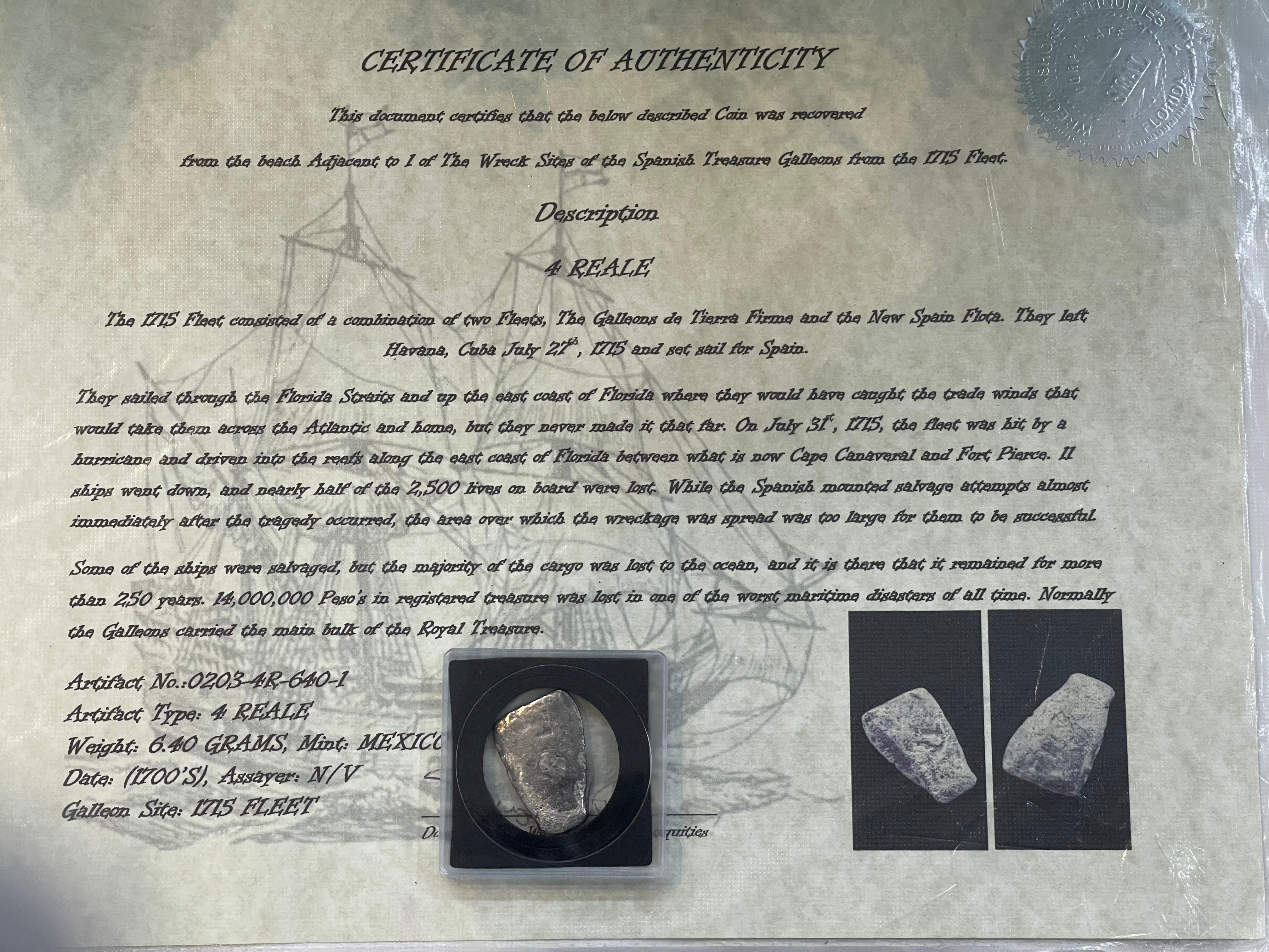4 REALE 1715 FLEET MEXICO MINT ACTUAL SHIPWRECK COIN