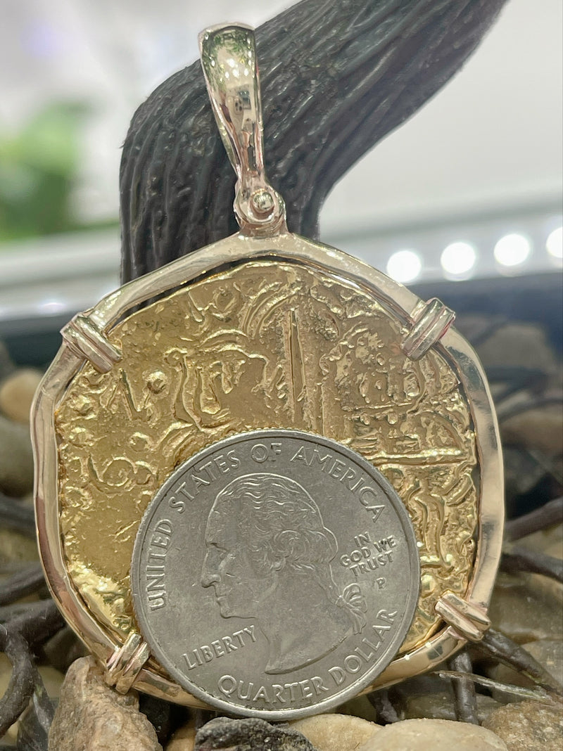 MUSEUM QUALITY RECREATION OF ATOCHA SHIPWRECK GOLD COIN PENDANT HANDMADE WITH 14k REAL HEAVY SOLID GOLD