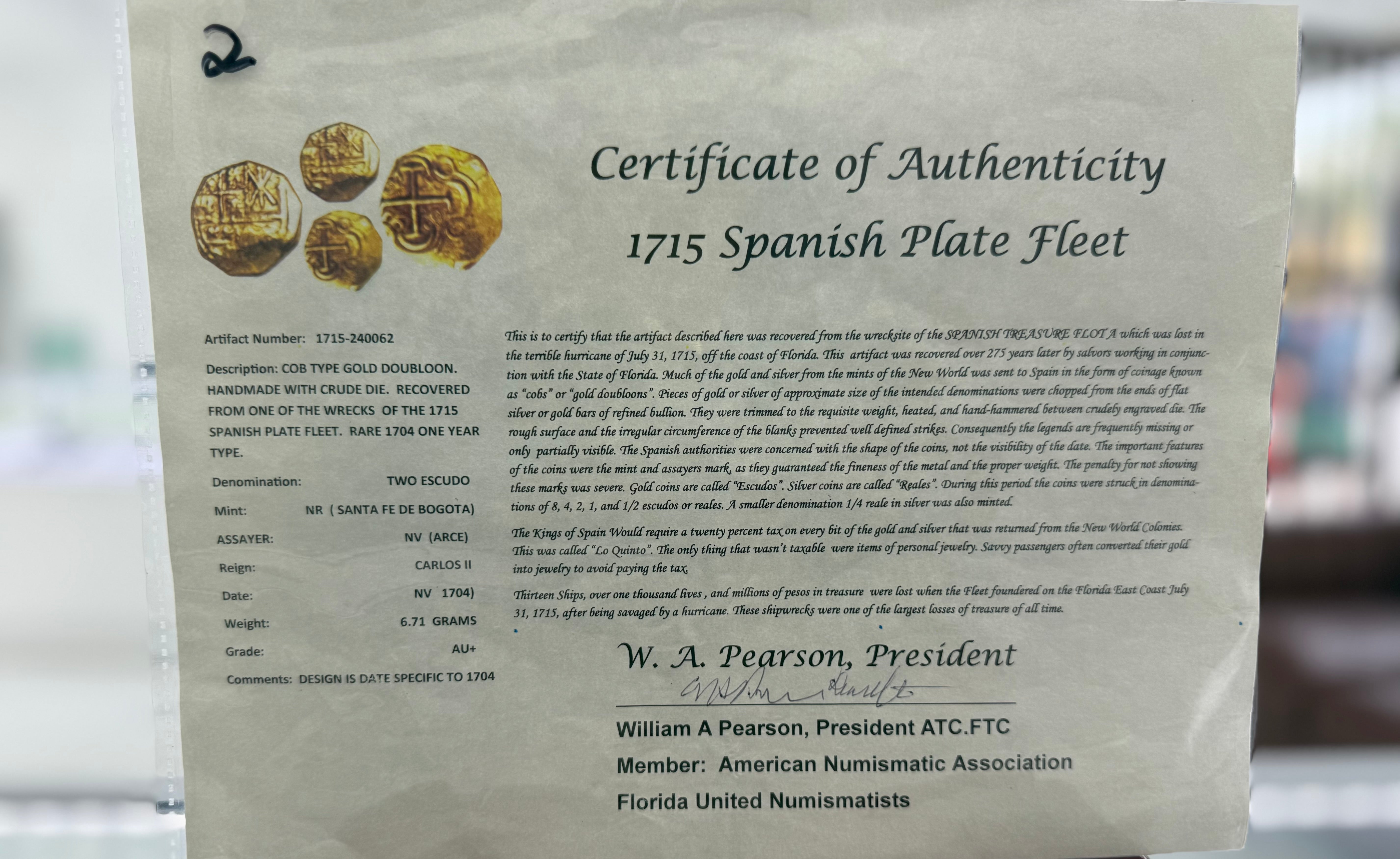 1715 SPANISH PLATE FLEET ACTUAL GOLD COIN 2 ESCUDO Artifact Number: 1715-240062 GRADE: AU+ MINT: NR (SANTA FE DE BOGOTA)