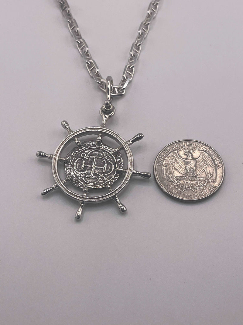 ATOCHA SOLID SILVER SHIPS-WHEEL COIN PENDANT