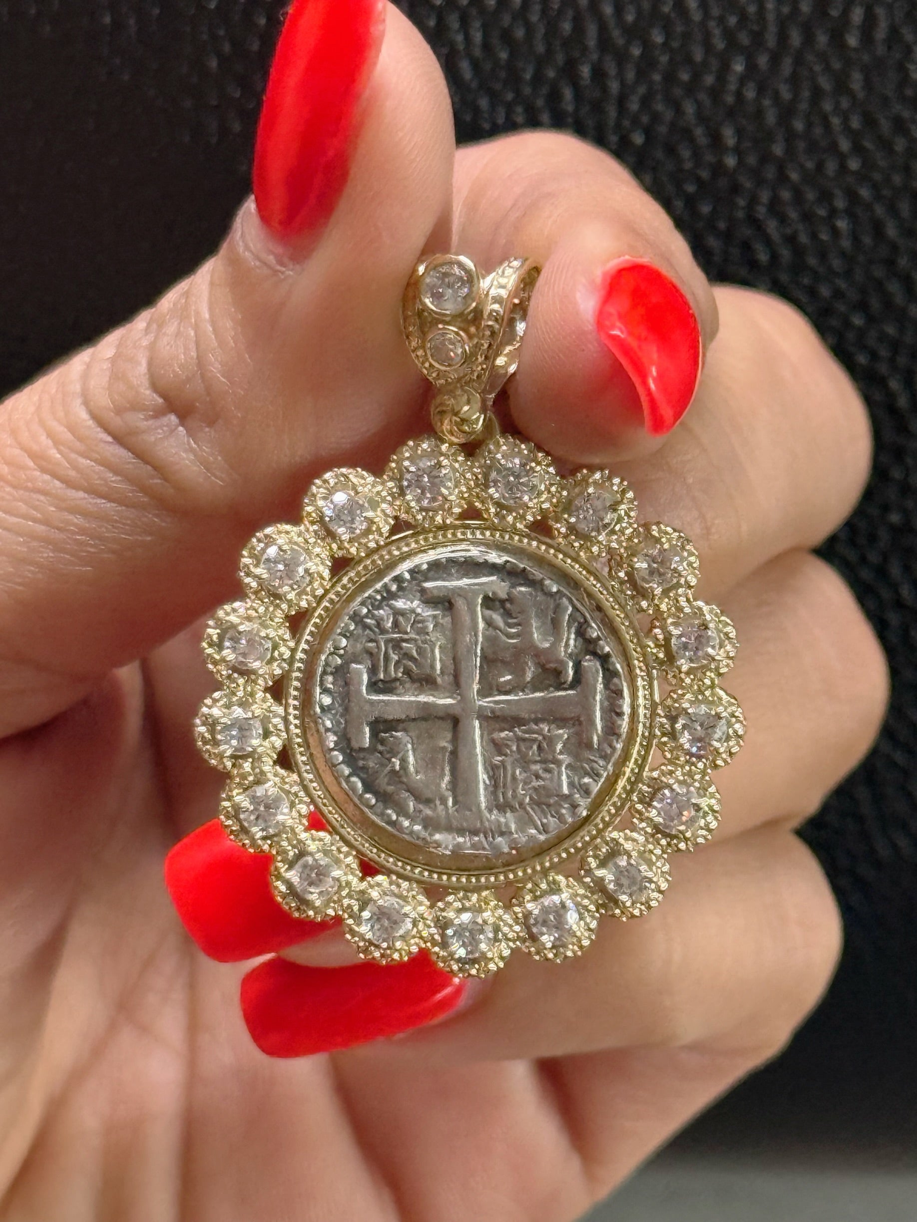 ATOCHA SILVER COIN PENDANT IN 10KT REAL GOLD SETTING WITH GORGEOUS WHITE CRYSTALS