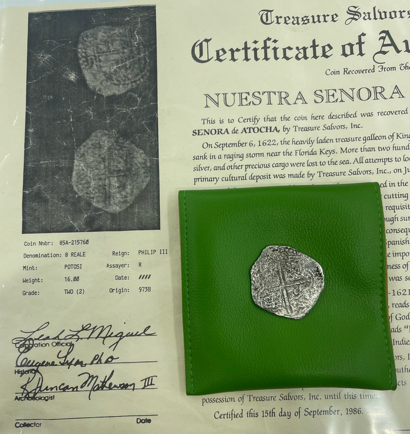 ACTUAL COIN NUESTRA SENORA DE ATOCHA SILVER COIN 8 REALE GRADE 2 COIN R ASSAYER COIN NO : 85A-215760