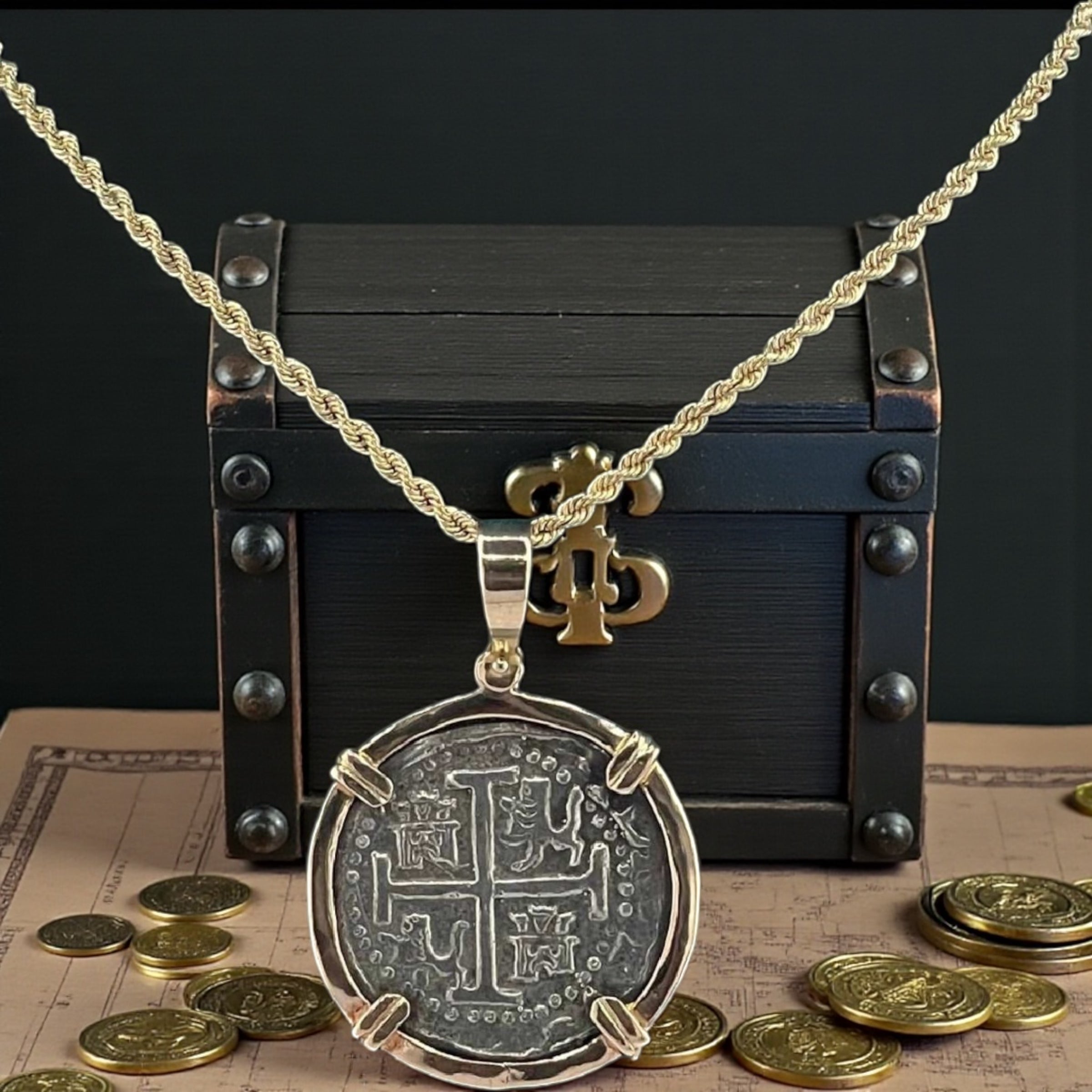 NUESTRA SENORA DE ATOCHA SILVER COIN PENDANT IN 14KT SOLID GOLD BEZEL