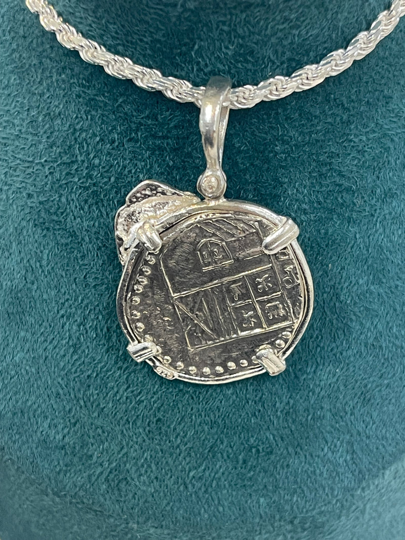 Solid Atocha shipwreck treasure Mel fisher silver coin pendant in fish bezel