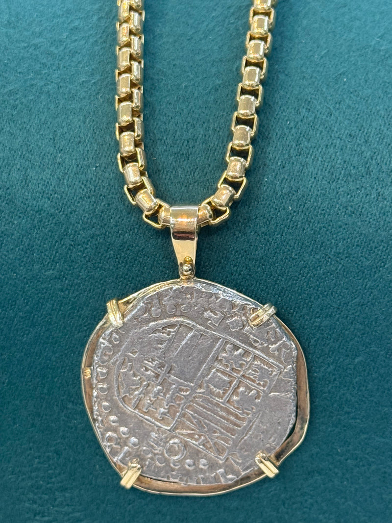 NUESTRA SENORA DE ATOCHA SILVER COIN PENDANT IN 14K REAL SOLID GOLD BEZEL 8 REALE SIZE HANDMADE FROM ATOCHA SILVER