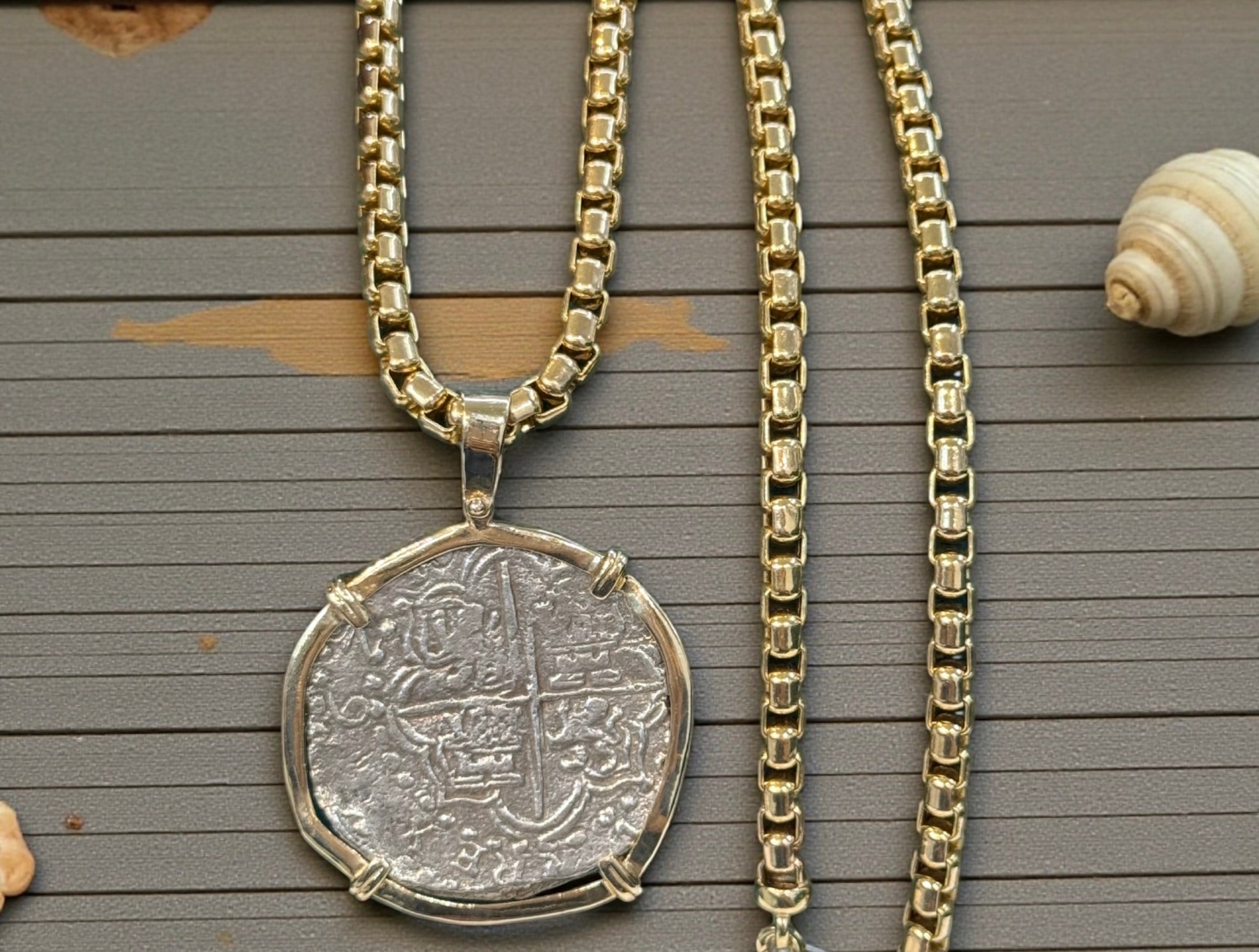 NUESTRA SENORA DE ATOCHA SILVER COIN PENDANT IN 14K REAL SOLID GOLD BEZEL 8 REALE SIZE HANDMADE FROM ATOCHA SILVER