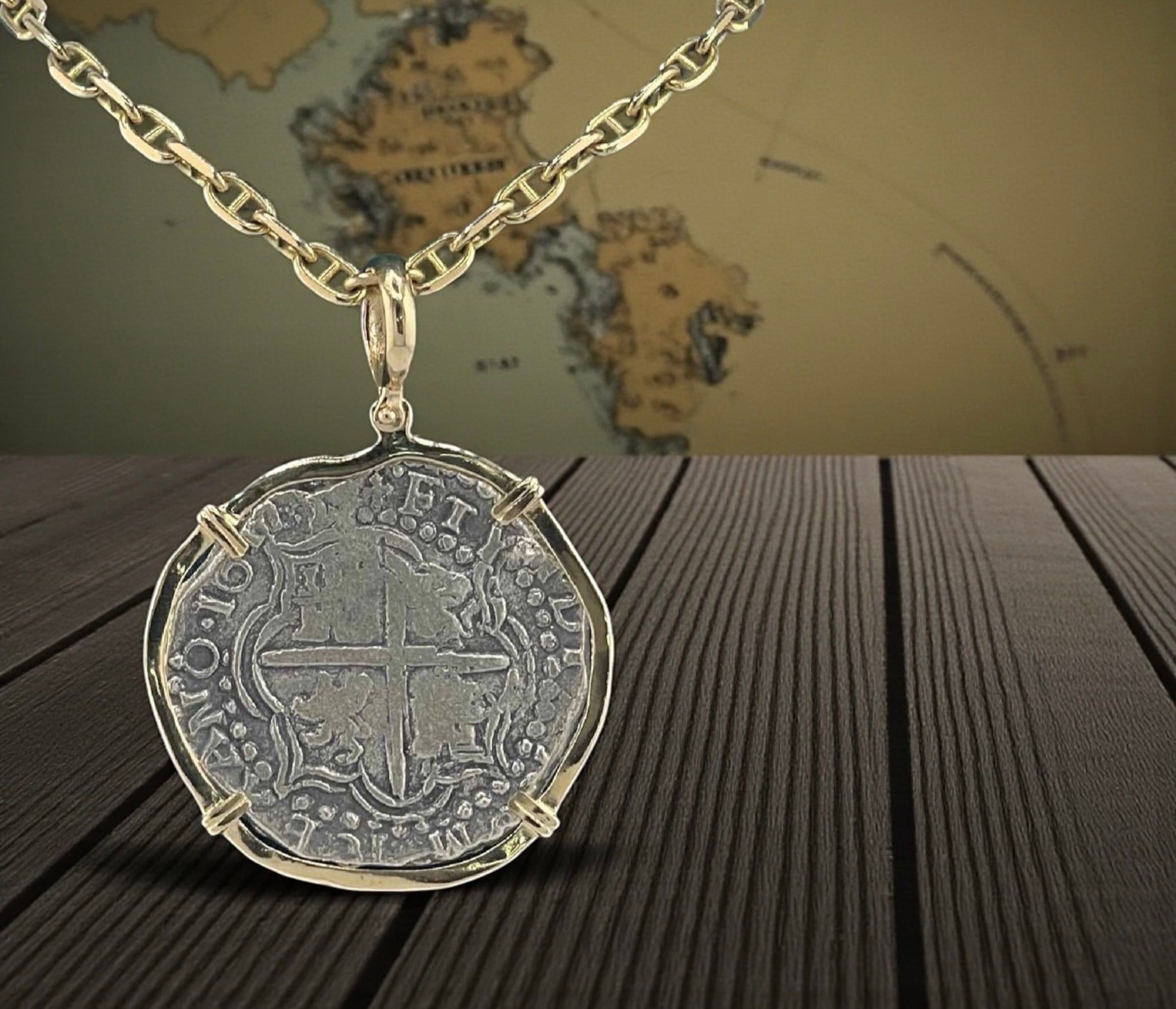 NUESTRA SENORA DE ATOCHA SOLID LARGE SIZE SILVER COIN PENDANT IN 14KT SOLID GOLD BEZEL