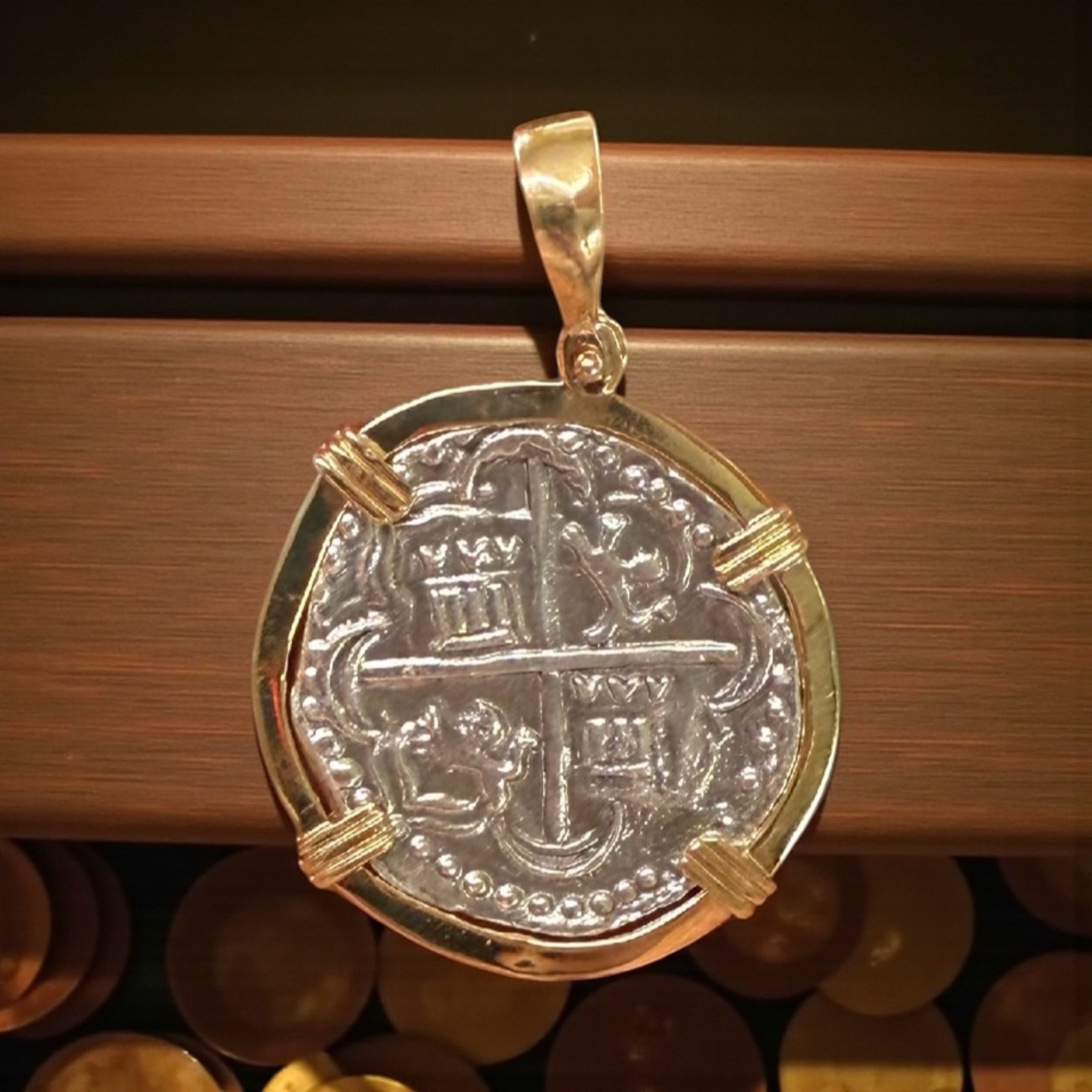 GORGEOUS ATOCHA SOLID SILVER SOLID COIN PENDANT IN 14K SOLID GOLD BEZEL