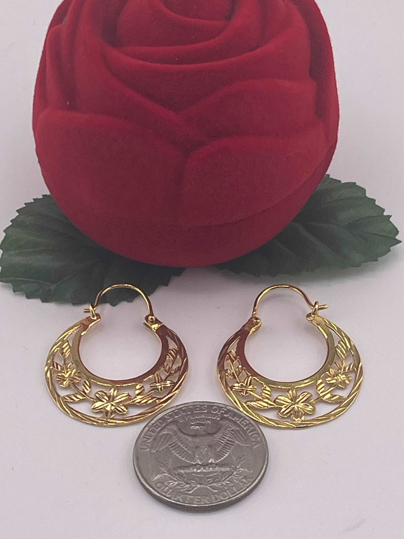 14K REAL GOLD HANDMADE FLOWER CUBAN HOOP EARRINGS QUARTER SIZE