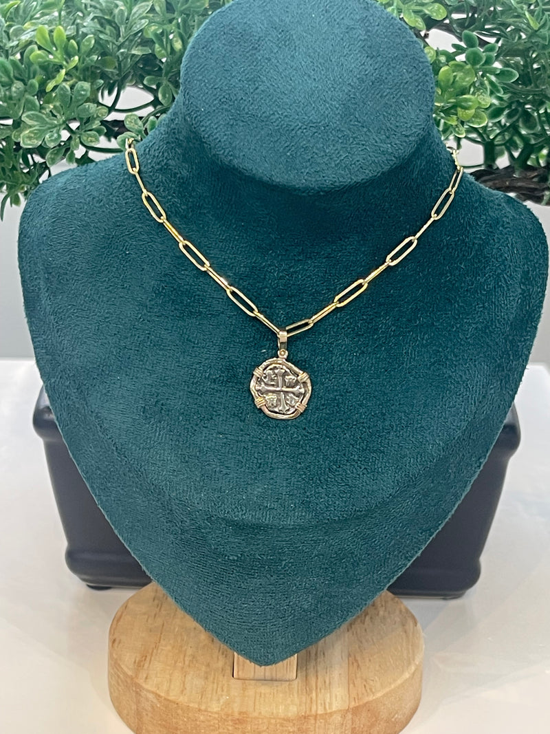 BEAUTIFUL HANDMADE RECREATION OF ATOCHA MINI SILVER COIN PENDANT IN 14KT REAL GOLD GOLD BEZEL