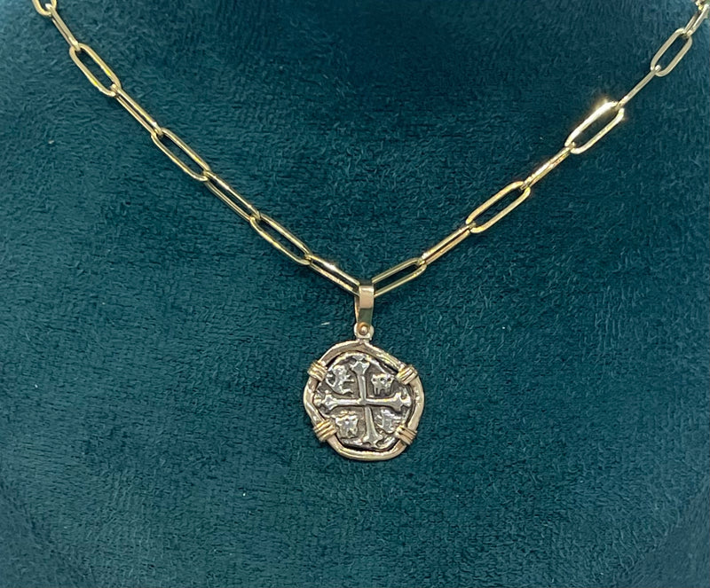 BEAUTIFUL HANDMADE RECREATION OF ATOCHA MINI SILVER COIN PENDANT IN 14KT REAL GOLD GOLD BEZEL