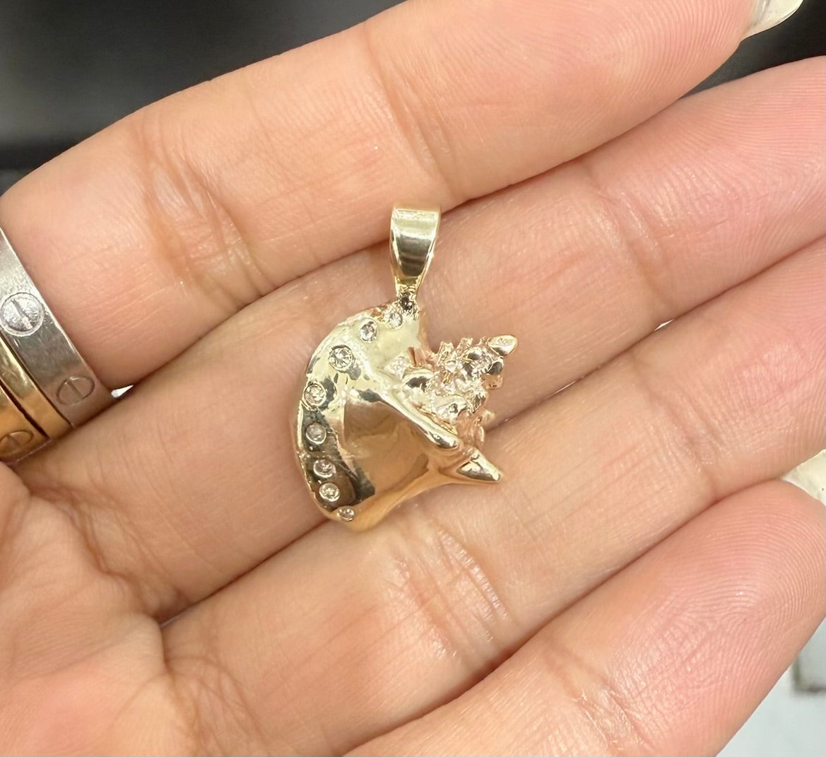 14K REAL SOLID GOLD HANDMADE CONCH SHELL PENDANT SET IN NATURAL DIAMOND