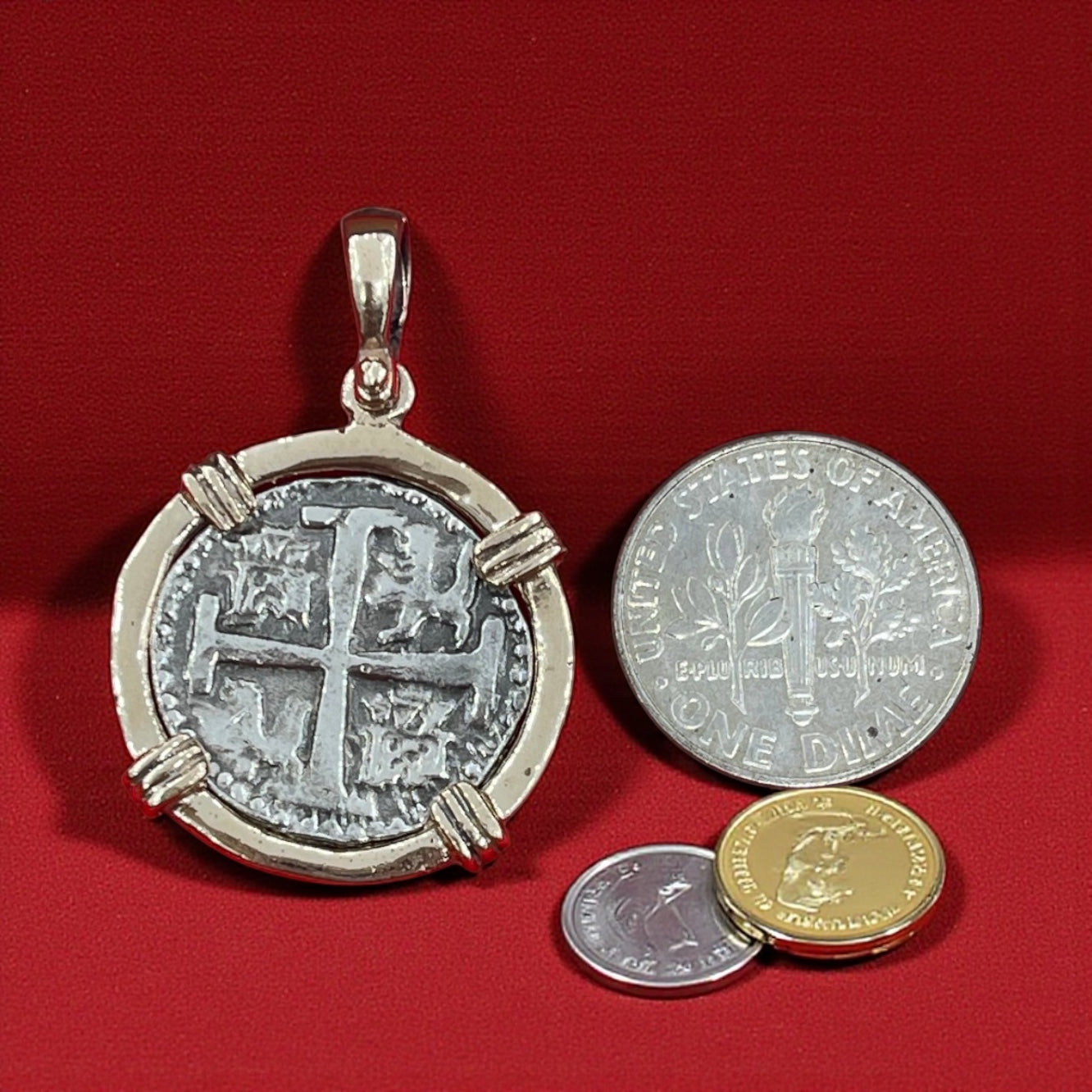 ATOCHA SILVER COIN PENDANT IN 14K REAL SOLID GOLD BEZEL HANDMADE FROM ATOCHA SILVER