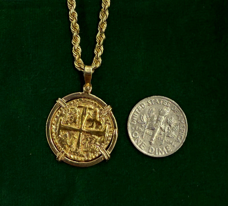 14k solid real gold atocha coin pendant with 14k solid real gold rope chain