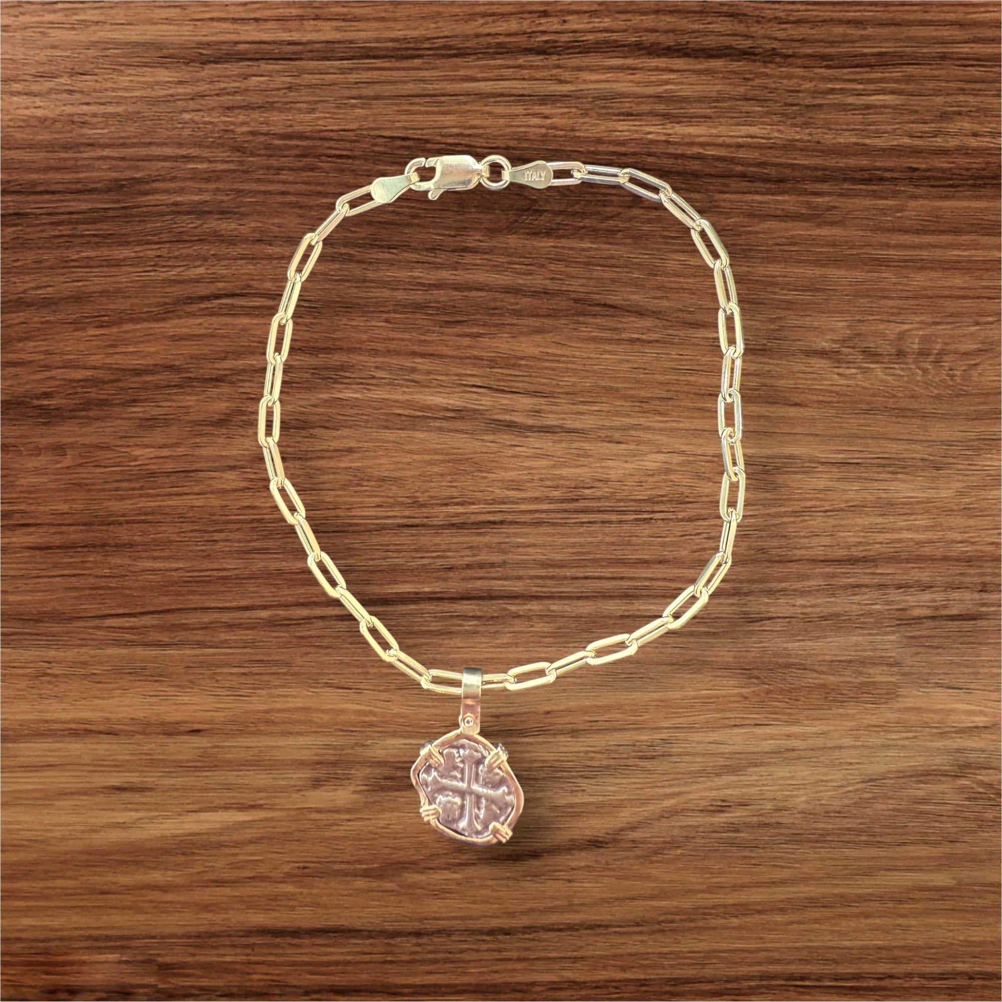 Atocha mini coin in 14k gold bezel charm bracelet set in 925 silver paper clip bracelet 2.6mm