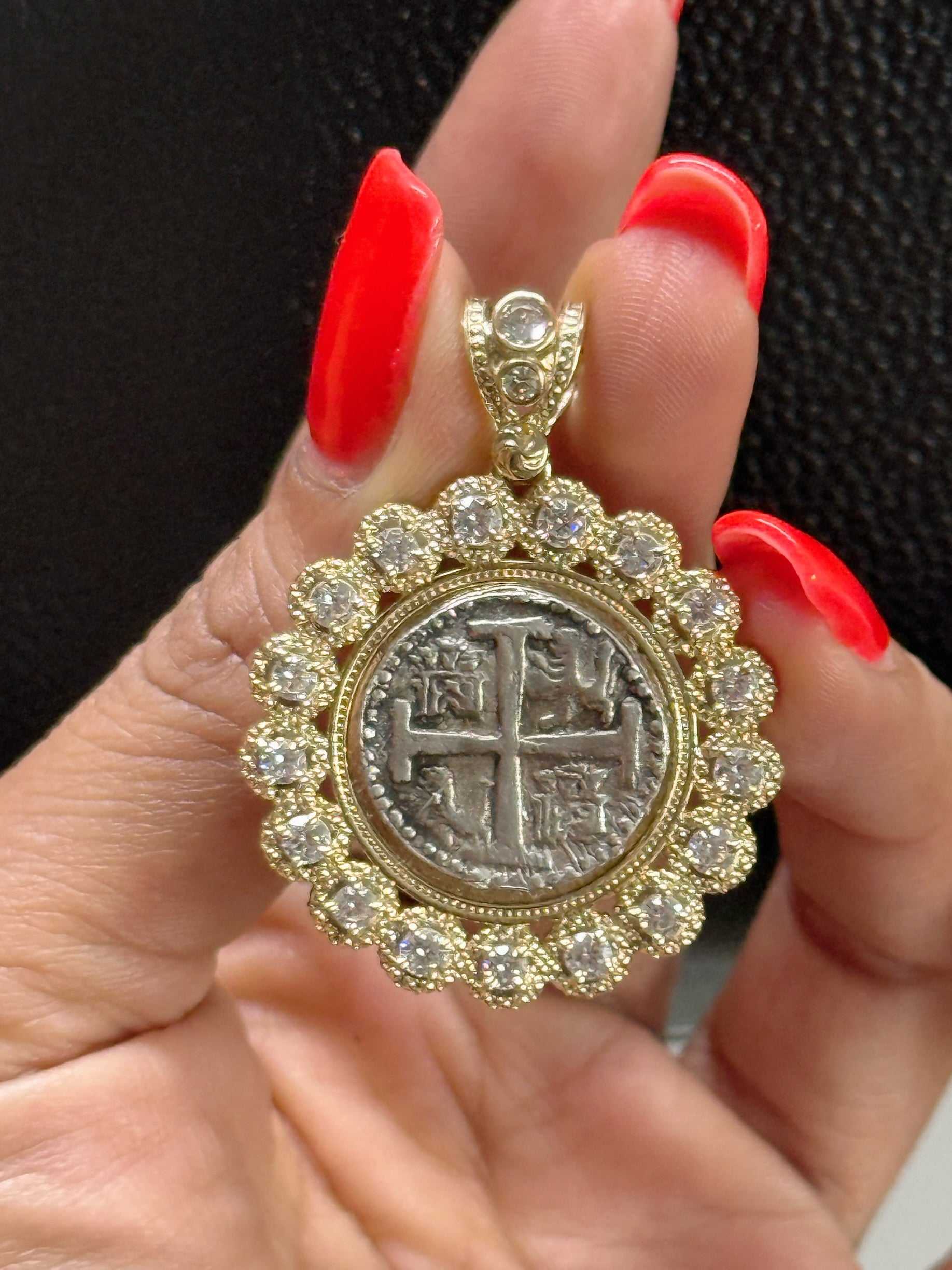 ATOCHA SILVER COIN PENDANT IN 10KT REAL GOLD SETTING WITH GORGEOUS WHITE CRYSTALS