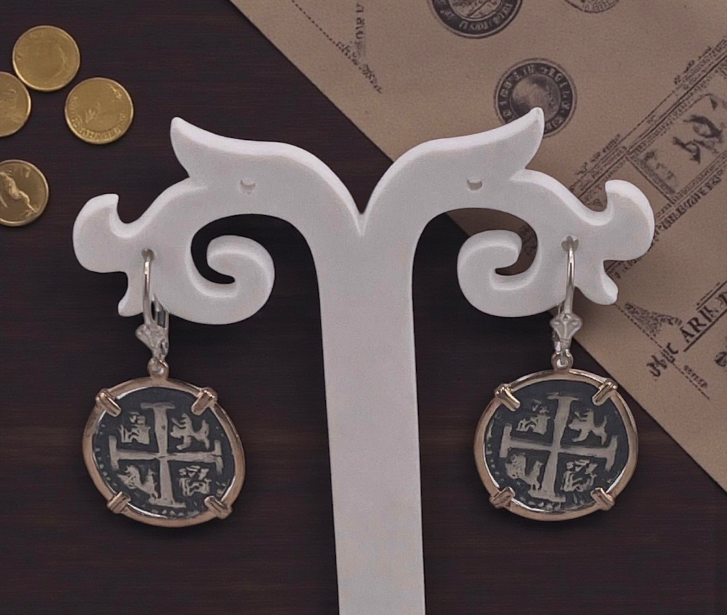 NUESTRA SENORA DE ATOCHA SILVER COIN EARRINGS IN 14k GOLD BEZEL