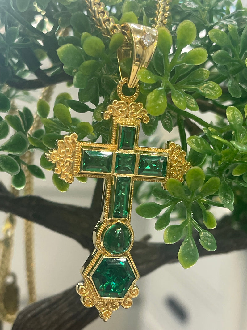 14K REAL SOLID GOLD EMERALD CROSS PENDANT