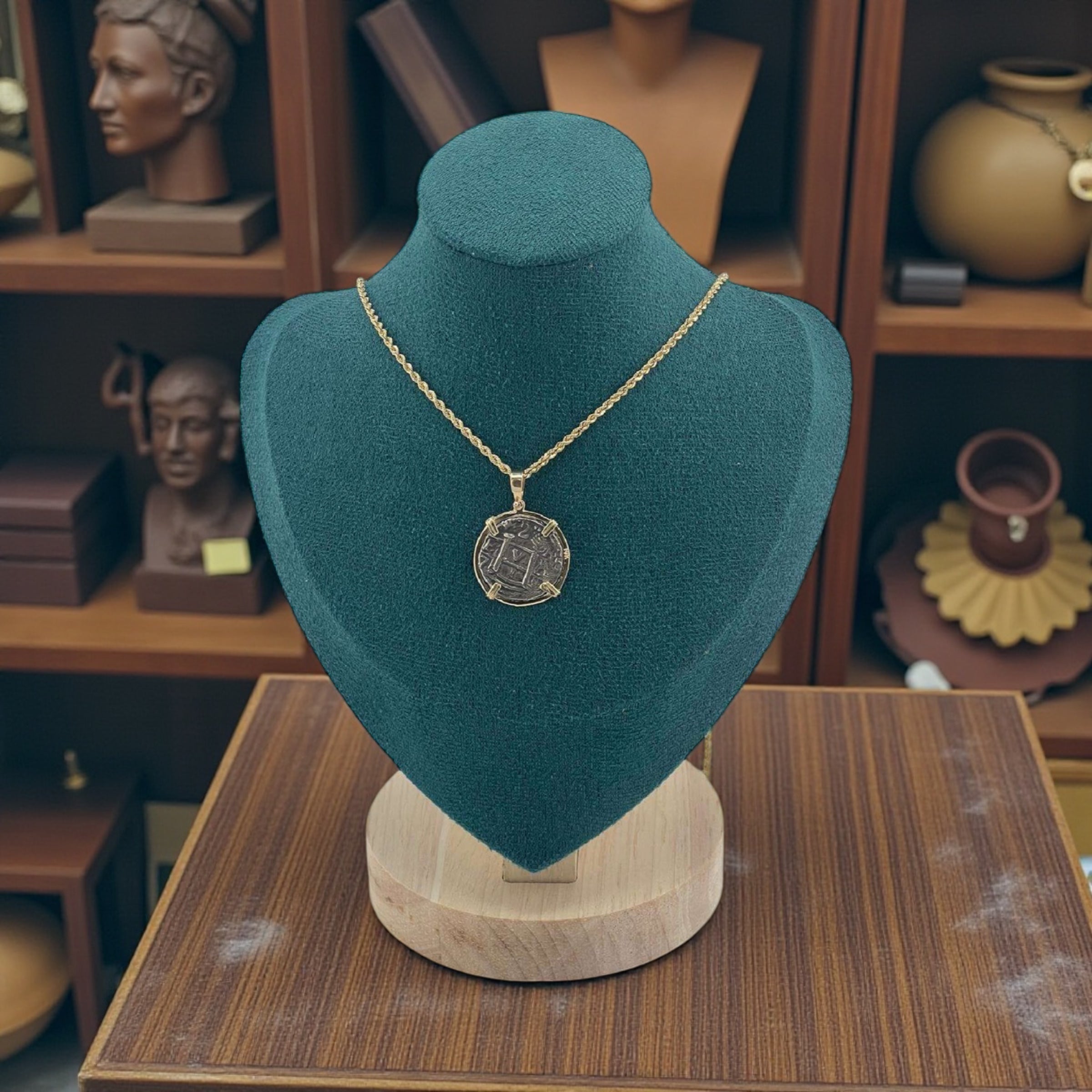 NUESTRA SENORA DE ATOCHA SILVER COIN PENDANT IN 14KT GOLD BEZEL