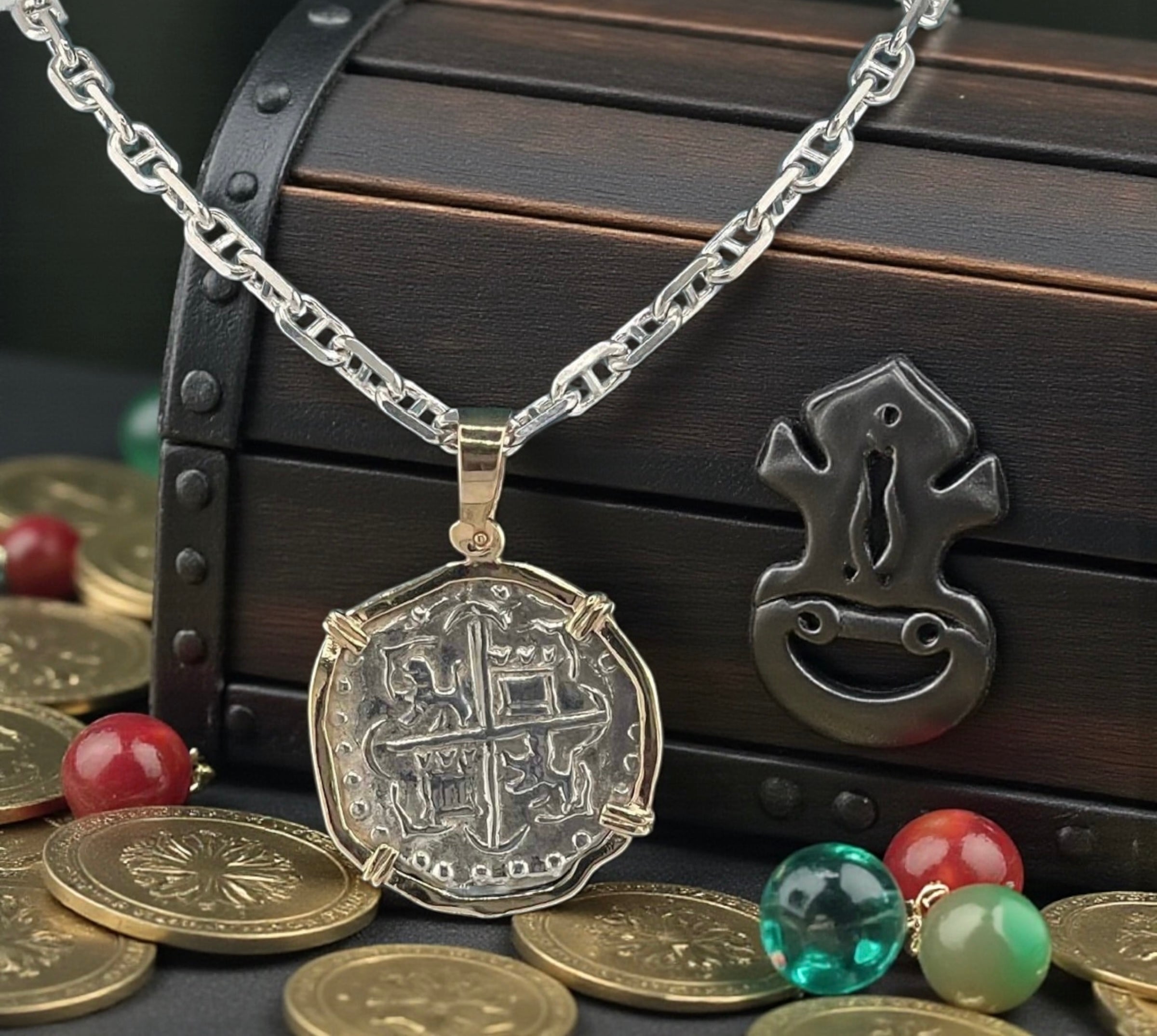 NUESTRA SENORA DE ATOCHA SOLID SILVER COIN PENDANT IN 14KT SOLID GOLD BEZEL
