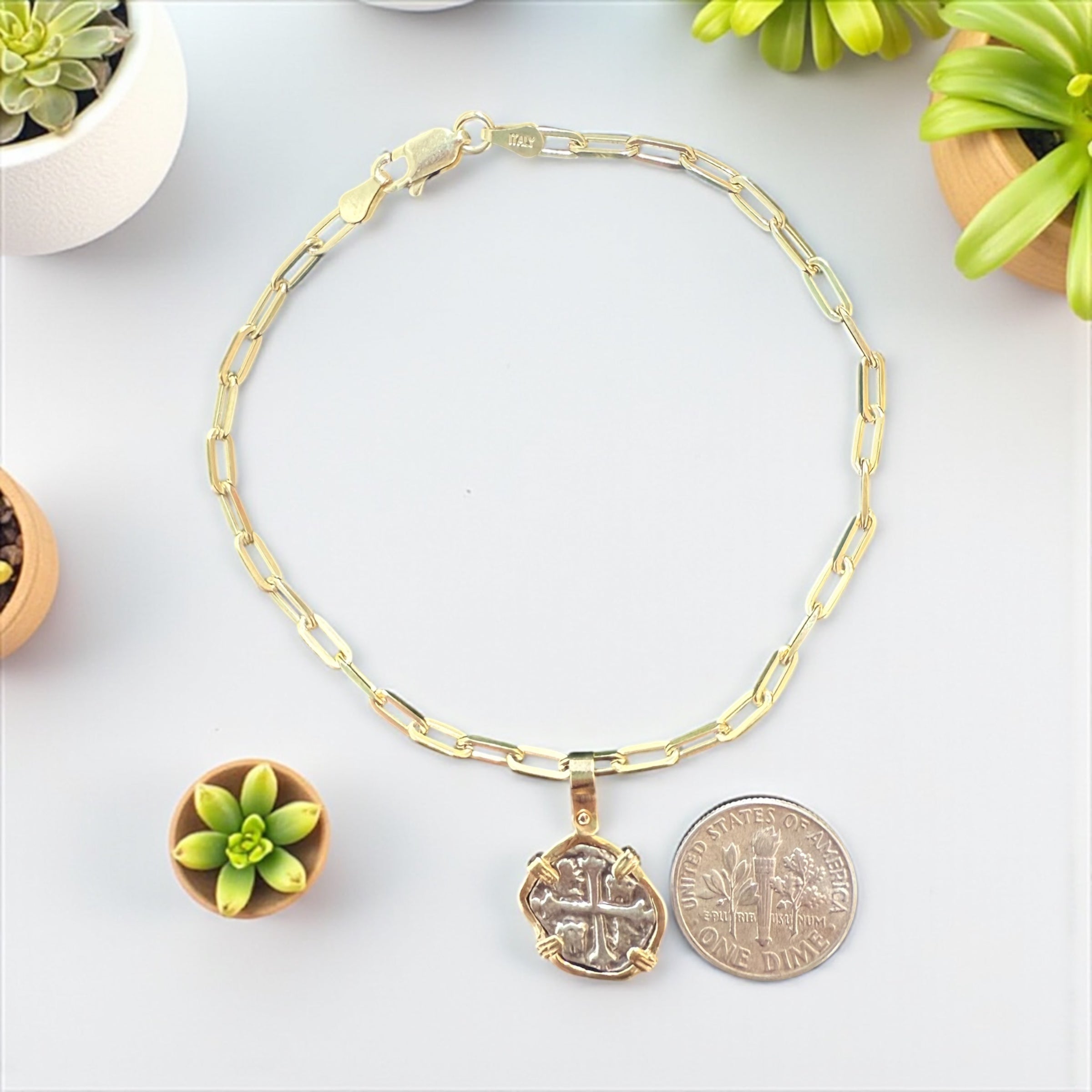 Atocha mini coin in 14k gold bezel charm bracelet set in 925 silver paper clip bracelet 2.6mm