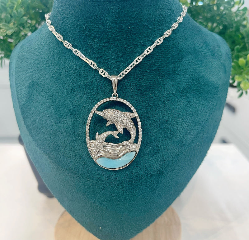 BEAUTIFUL LARIMAR DOUBLE DOLPHIN PENDANT