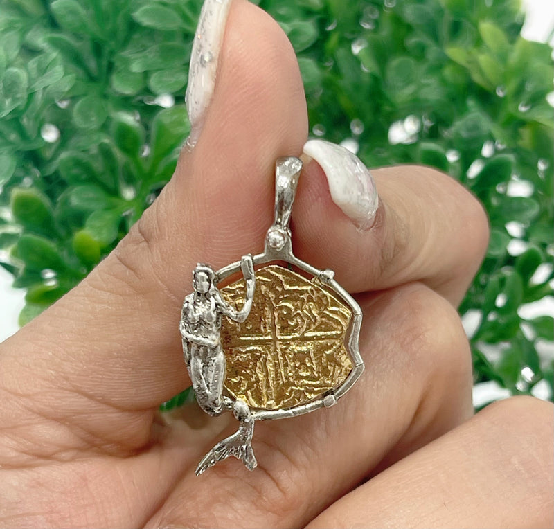 NUESTRA SENORA DE ATOCHA 14K REAL GOLD COIN PENDANT IN ATOCHA SILVER MERMAID 🧜‍♀️ BEZEL