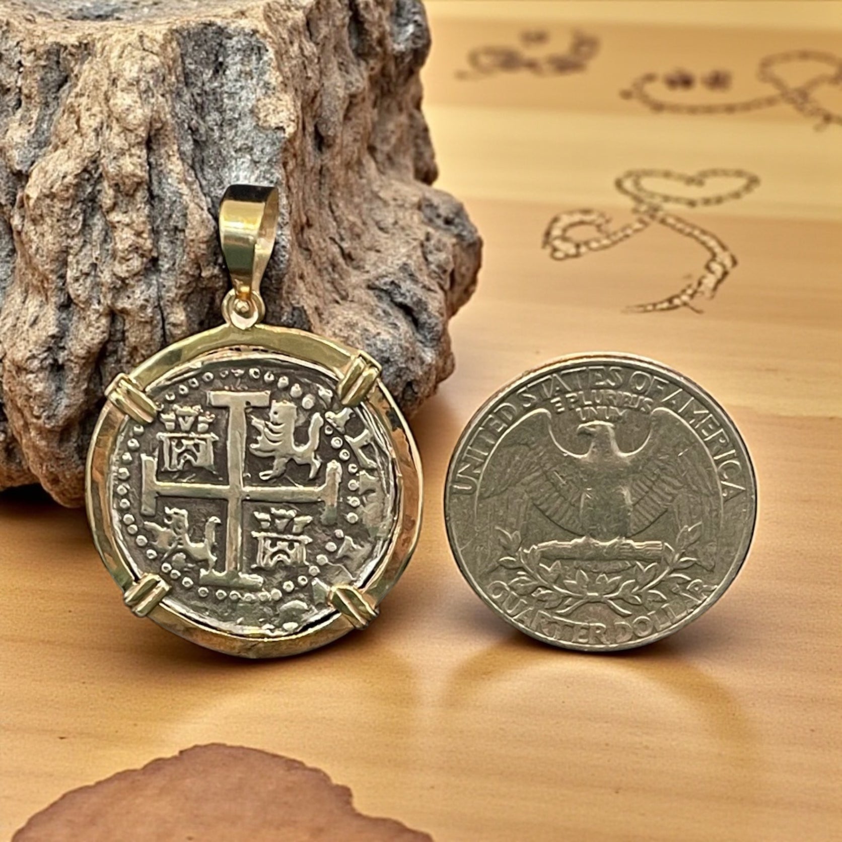 NUESTRA SENORA DE ATOCHA SILVER COIN PENDANT IN 14KT SOLID GOLD BEZEL HANDMADE WITH ATOCHA SILVER