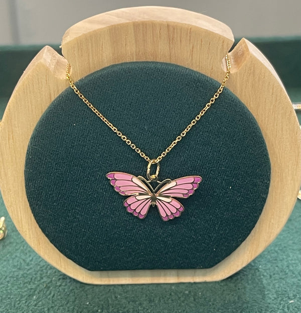 PINK BUTTERFLY 14K GOLD PENDANT WITH 14K GOLD CHAIN