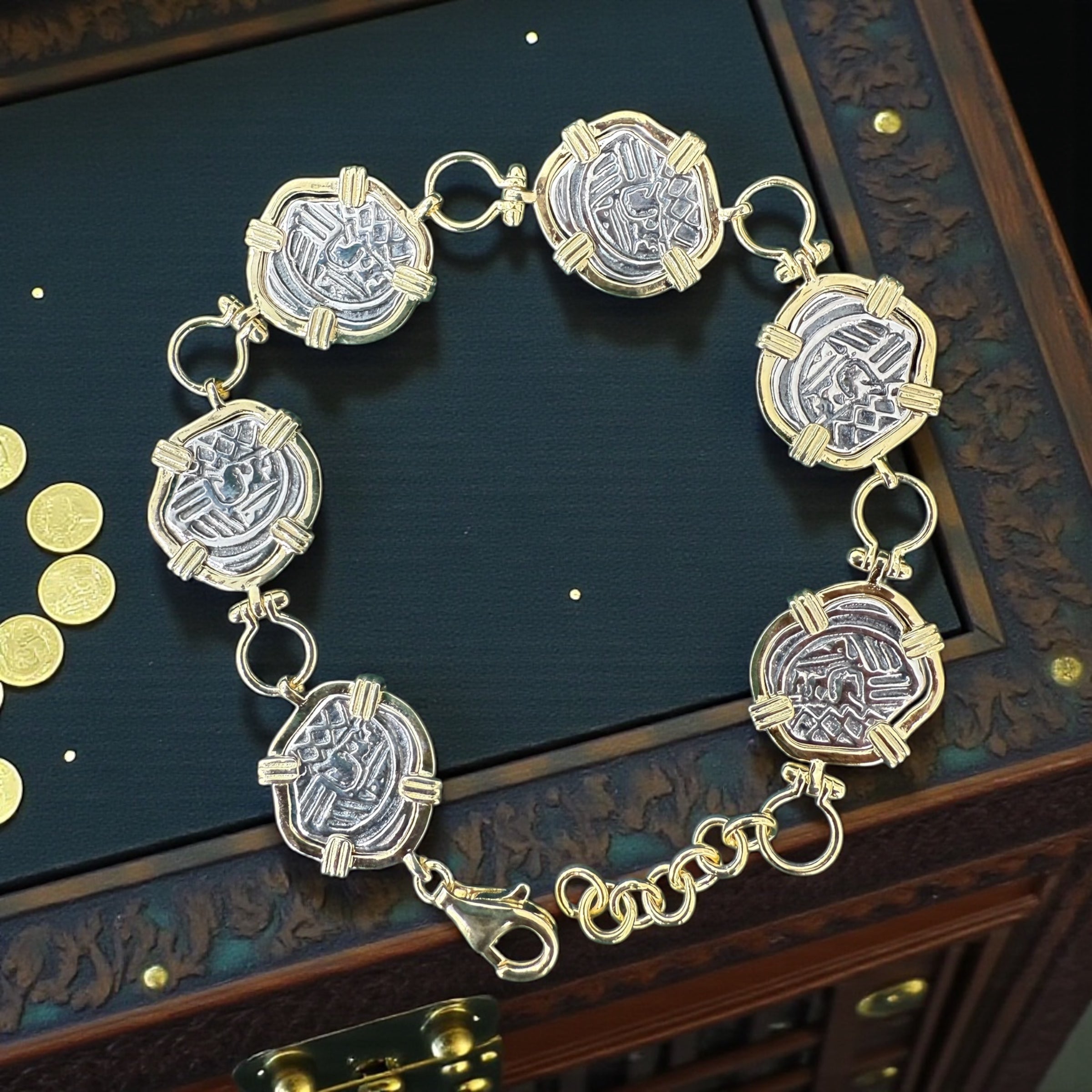 BEAUTIFUL ATOCHA 925 STERLING SILVER COIN BRACELET IN SHACKLE LINK ADJUSTABLE 6” to 7” BOTH