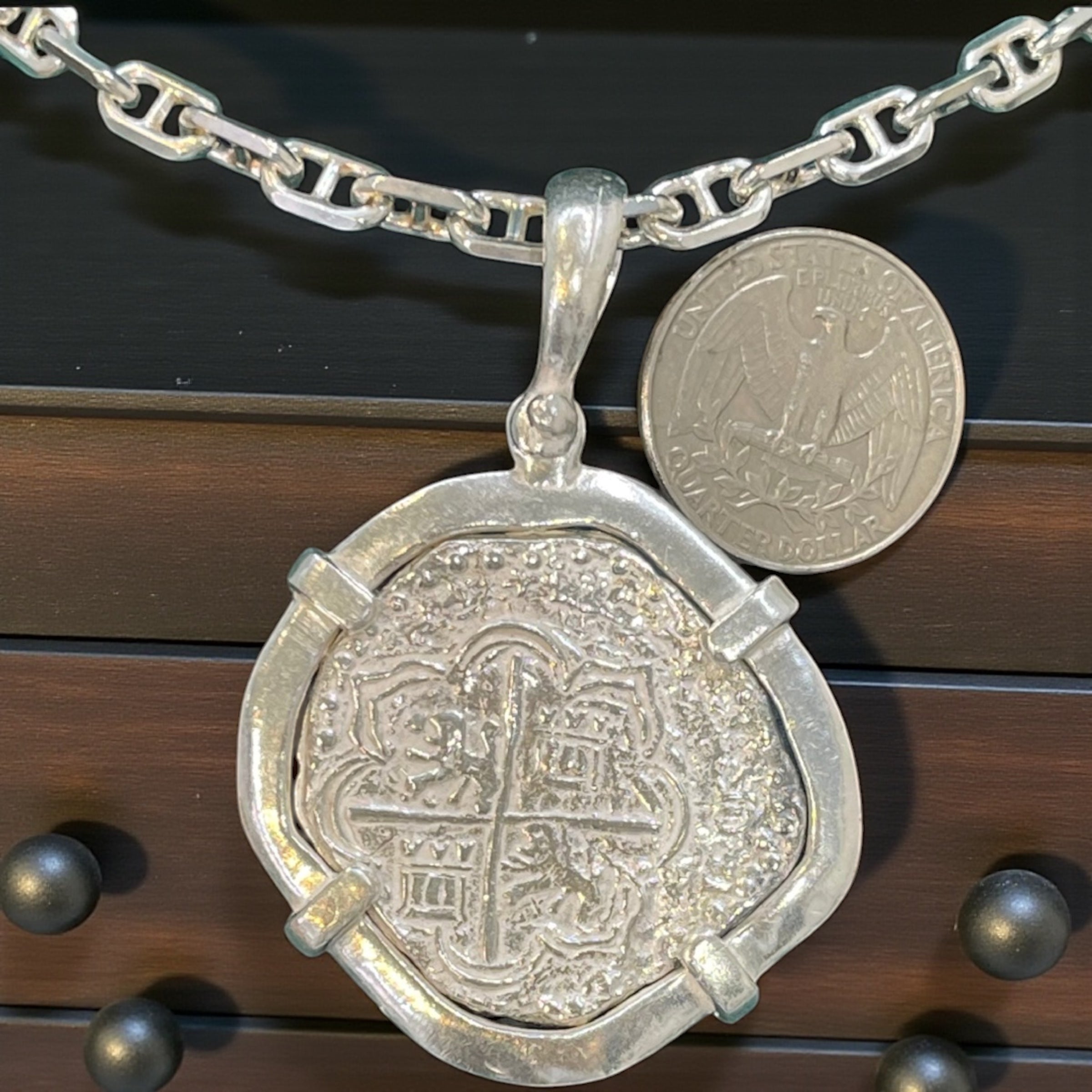 NUESTRA SENORA DE ATOCHA SOLID SILVER BIG 8 REALE SIZE COIN PENDANT