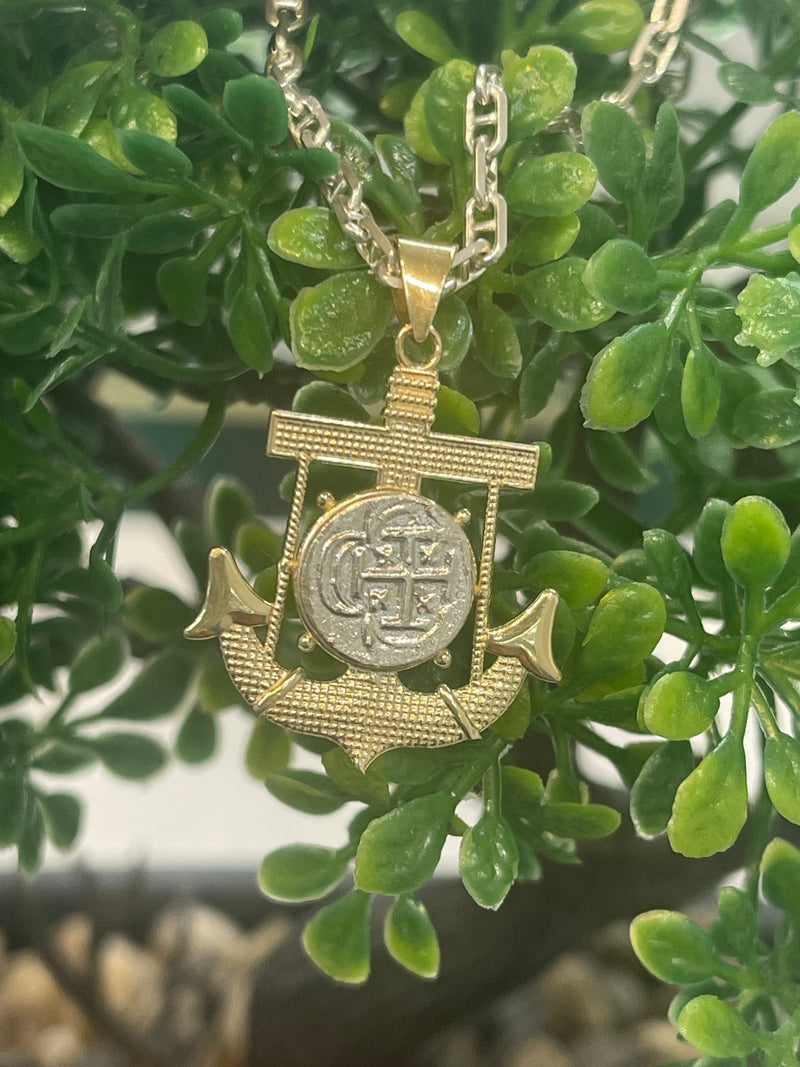 NUESTRA SENORA DE ATOCHA MINI SILVER COIN PENDANT IN 10K REAL GOLD ANCHOR