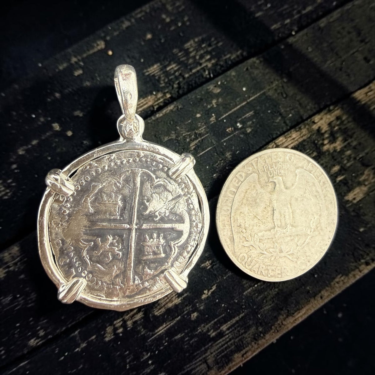 925 solid sterling silver quarter size recreation of Atocha coin pendant