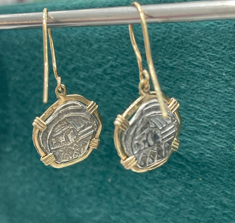 ATOCHA SILVER COIN HOOK DANGLE EARRINGS IN 14k GOLD BEZEL AND 14K GOLD HOOK