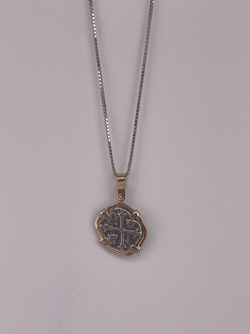 NUESTRA SENORA DE ATOCHA MINI SILVER COIN PENDANT IN 14KT GOLD BEZEL