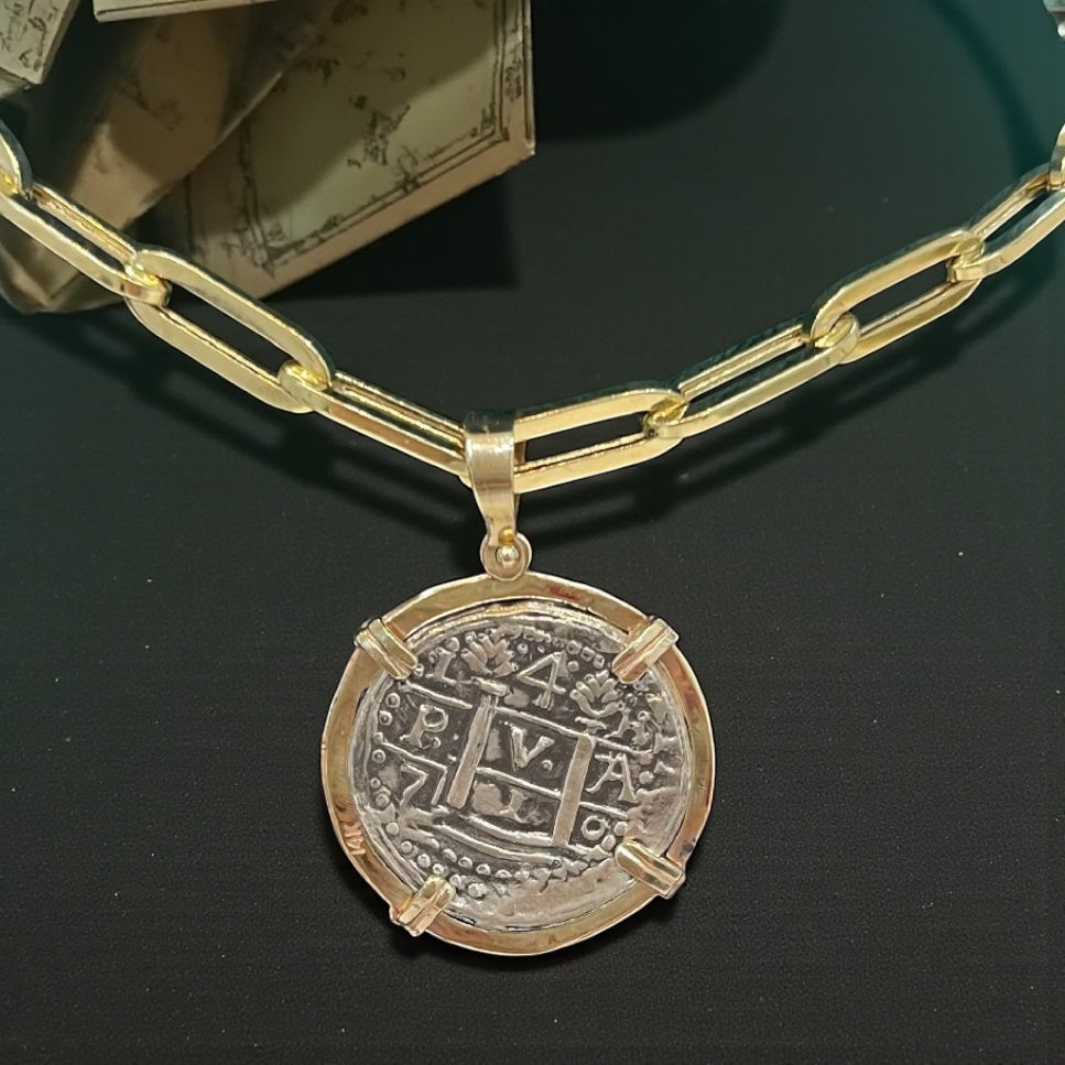 ATOCHA SILVER COIN PENDANT IN 14KT SOLID REAL GOLD BEZEL